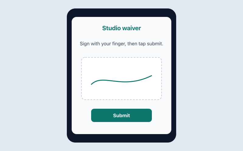 Tablet kiosk waiver screen with a signature pad and FlowPass branding at a studio front desk.