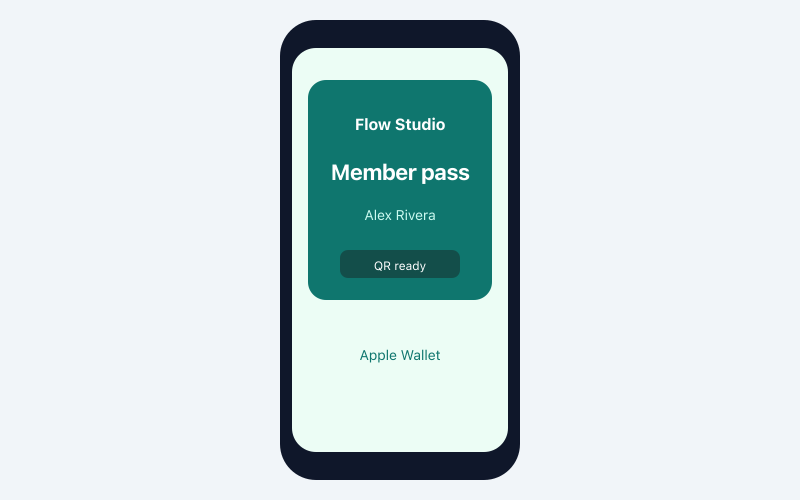 Smartphone lock screen showing a branded FlowPass membership card in Apple Wallet.